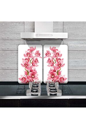 Cam Ocak Koruyucu ve Kesim Tablası Pembe Orkide (80cm x 52cm) 2 Parça, 5'li Ocaklar